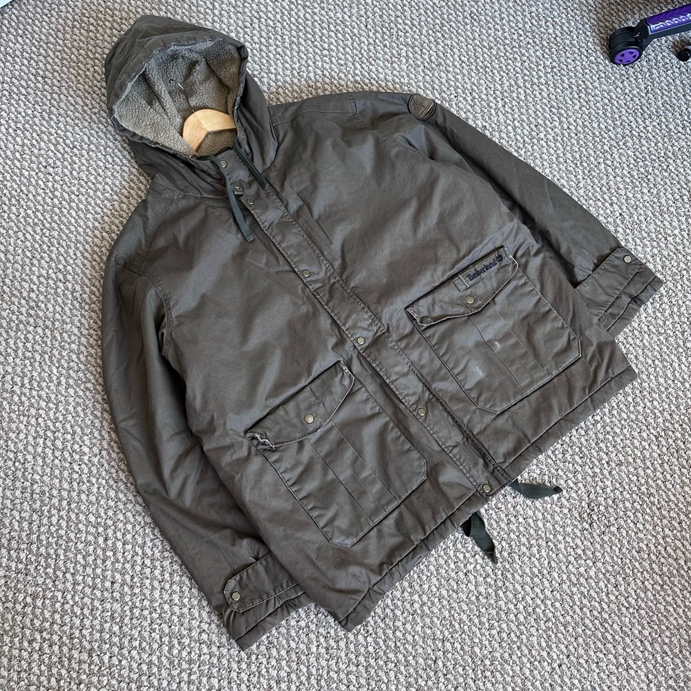 Timberland Waxed Canvas Hooded Jacket Brown Olive Men’s 2XL